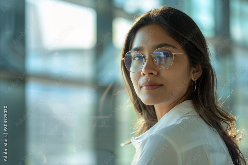 Young businesswoman stands confidently with modern office buildings reflected in her glasses Young businesswoman stands confidently with modern office buildings reflected in her glasses