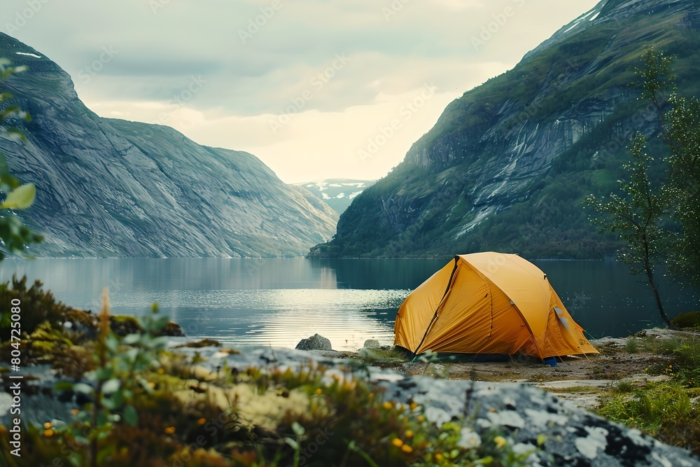 Orange tent by mountain lake. Summer travel, adventure and journey concept. Healthy active lifestyle and hiking trip. Design for wallpaper, banner with copy space. Camping, campsite, campground. 