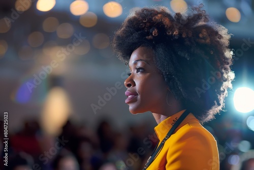 A stylish woman in a bright yellow blazer is captured at a social event, backlit by gleaming lights