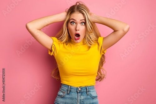 Shocked woman with wide open mouth touching head in full body portrait on pink background photo