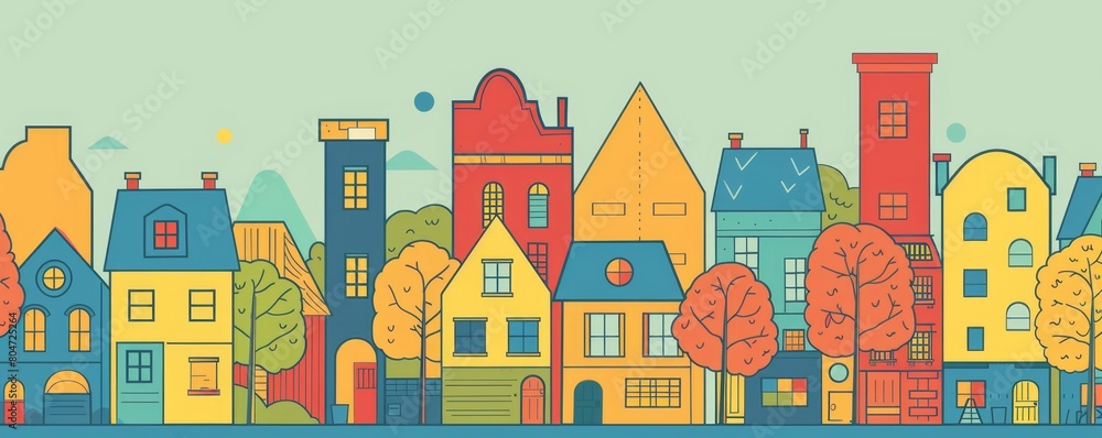 line drawing of houses and buildings in the city children's book illustration style Generative AI line drawing of houses and buildings in the city children's book illustration style Generative AI