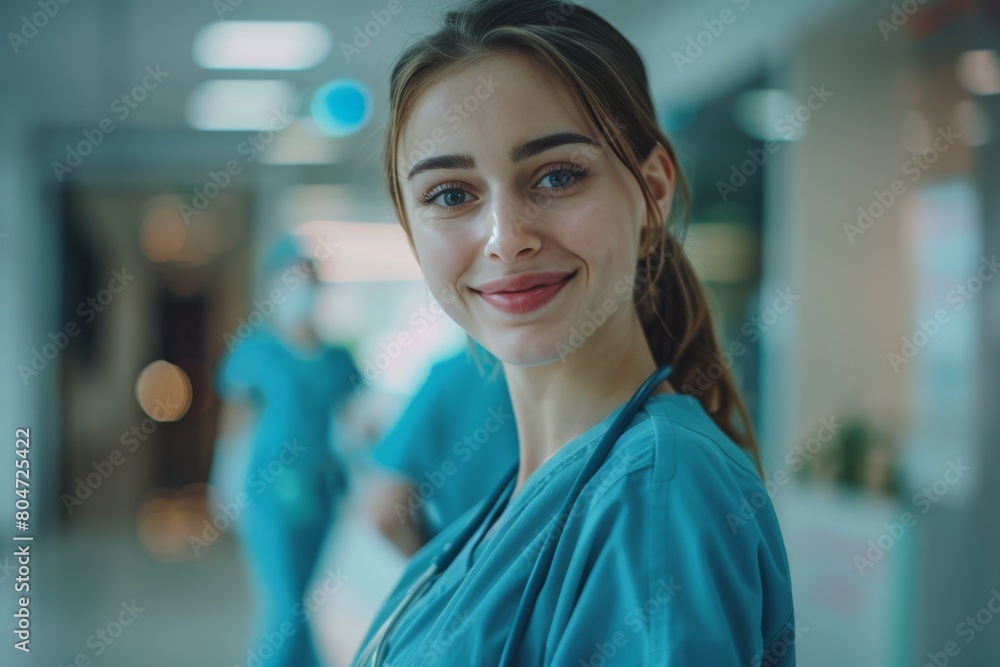 A cheerful young nurse with a stethoscope smiling warmly in a hospital setting, representing care and professionalism A cheerful young nurse with a stethoscope smiling warmly in a hospital setting, representing care and professionalism