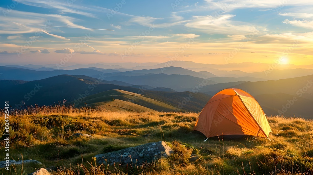 Orange tent on mountain ridge at sunrise. Summer travel, adventure and journey concept. Healthy active lifestyle and hiking trip. Design for banner, wallpaper with copy space. Camping, campsite