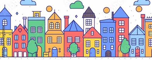 line drawing of houses and buildings in the city children's book illustration style Generative AI