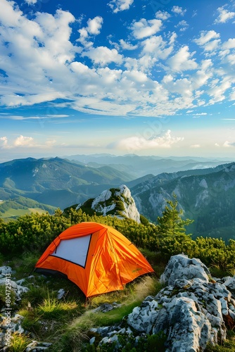 Orange tent on rocky mountain peak. Summer travel, adventure and journey concept. Healthy active lifestyle and hiking trip. Design for banner, wallpaper with copy space. Camping, campsite, campground