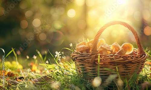 A wicker backet full of the many mushrooms put in the green forest. photo