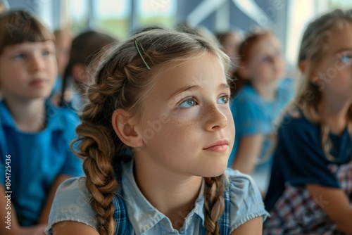 Little girl with braided hair paying close attention in class, signifying focus and education