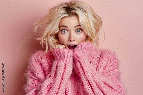 Speechless shocked woman, hands on head, open mouth, isolated on pink background © Inna