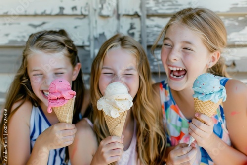 Trio of young girls enjoying a playful moment with colorful ice cream cones  depicting joy and friendship