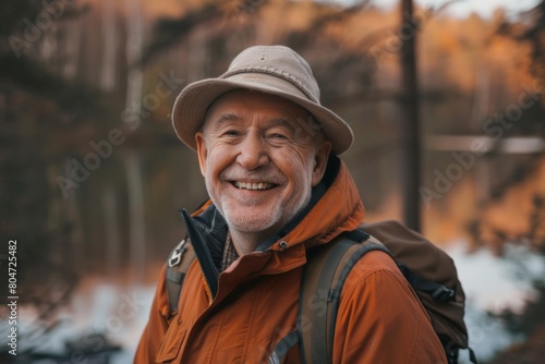 Senior man with a broad smile, wearing a hat and backpack, hiking in an autumnal forest setting © Odin AI