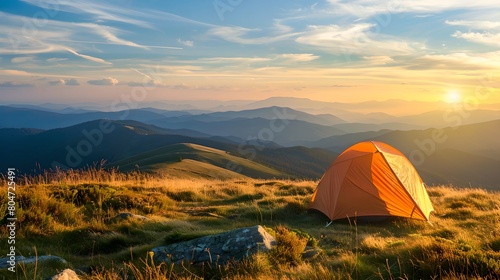 Orange tent on mountain ridge at sunrise. Summer travel, adventure and journey concept. Healthy active lifestyle and hiking trip. Design for banner, wallpaper with copy space. Camping, campsite
