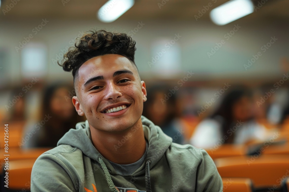Happy young man with curly hair smiling during a lecture with peers in the background Happy young man with curly hair smiling during a lecture with peers in the background