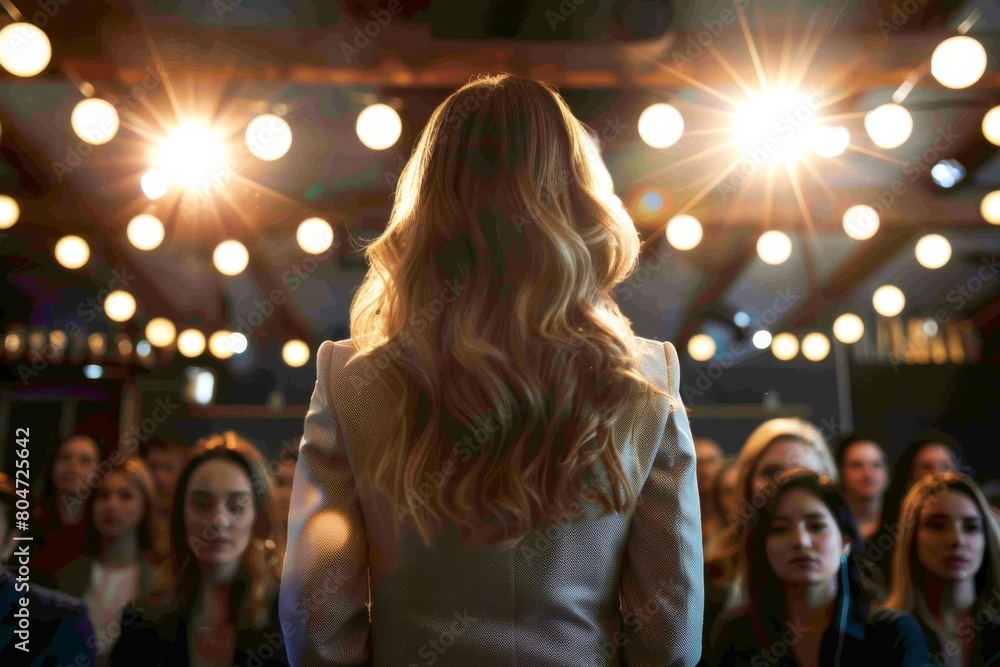 Back view of a blonde woman addressing an audience from the stage with bright lights behind her Back view of a blonde woman addressing an audience from the stage with bright lights behind her