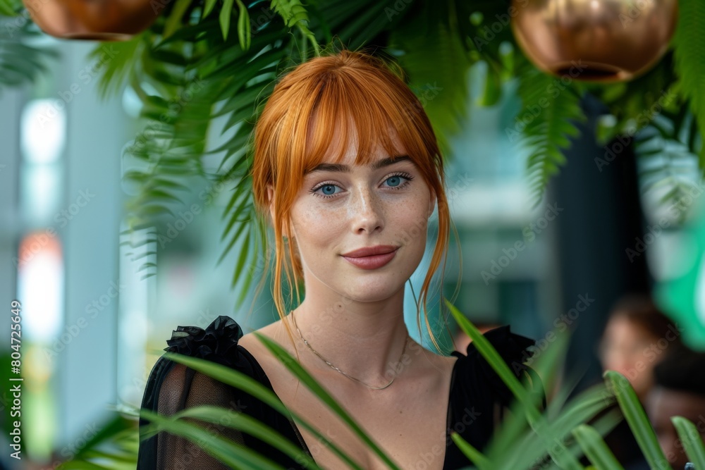 Attractive young redheaded woman posing with a serene look and green plants in the background Attractive young redheaded woman posing with a serene look and green plants in the background