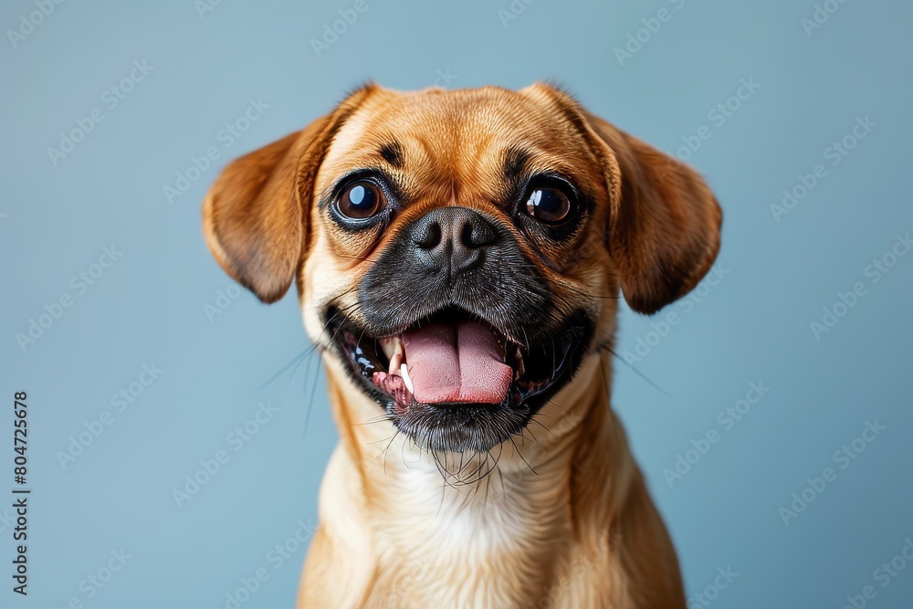 Studio Headshot of Smiling Puggle Dog With Tongue Out Against a Light Blue Background
