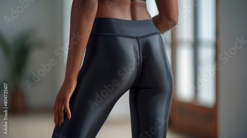 Woman Wearing Black Sportswear Close-Up. Close-up of a fit woman wearing stylish black sportswear, focusing on health and fitness.