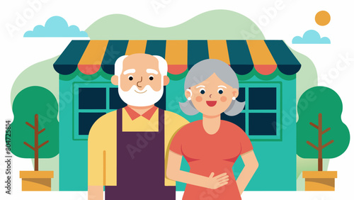 An elderly couple proudly poses in front of their store which has been in their family for generations passing down their love for music to each new Vector illustration