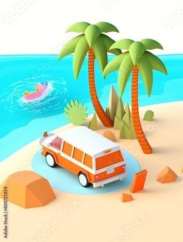 Orange Van Driving on Beach by Palm Tree