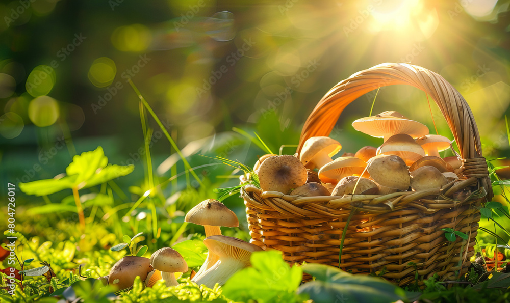 A wicker backet full of the many mushrooms put in the green forest. A wicker backet full of the many mushrooms put in the green forest.