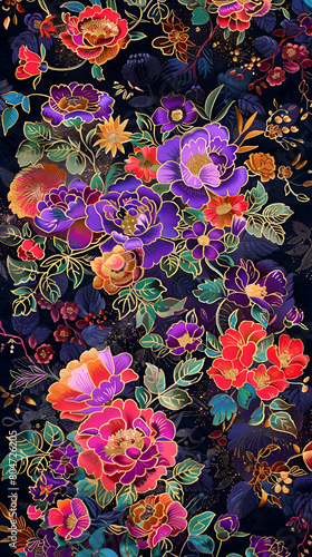 Vibrant floral pattern featuring colorful flowers on a black background