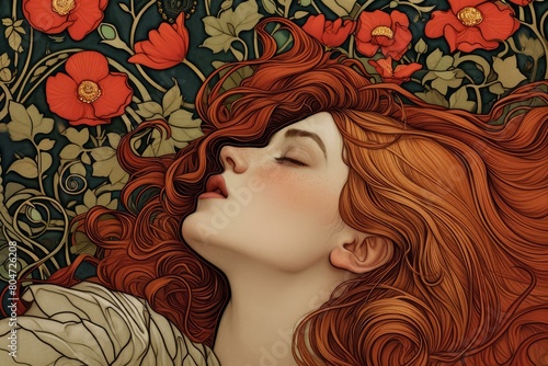 Mysterious Art nouveau woman redhaired. Modern face. Generate Ai