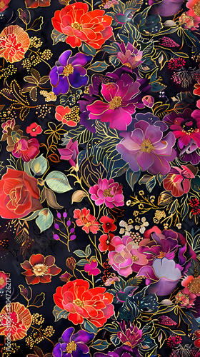 Closeup of vibrant pink floral pattern on dark background