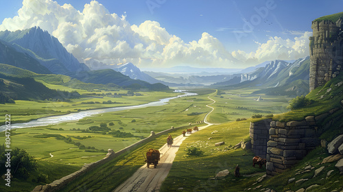 A scenic valley painting with a river, mountains, clouds, and grassland
