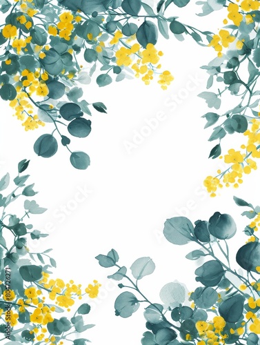 White Background With Yellow Flowers and Green Leaves
