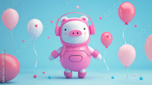 a pink pig wearing headphones is surrounded by pink balloons