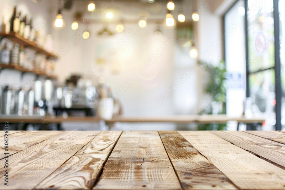 Wood table background, Shelf at cafe shop, Perspective wood over blur cafe with bokeh light background, Table for product display, Empty wooden counter in blur white room for mockup - generative ai Wood table background, Shelf at cafe shop, Perspective wood over blur cafe with bokeh light background, Table for product display, Empty wooden counter in blur white room for mockup - generative ai