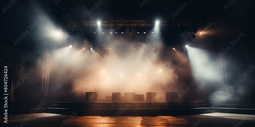 A large stage for the concert with illuminated many lights.
