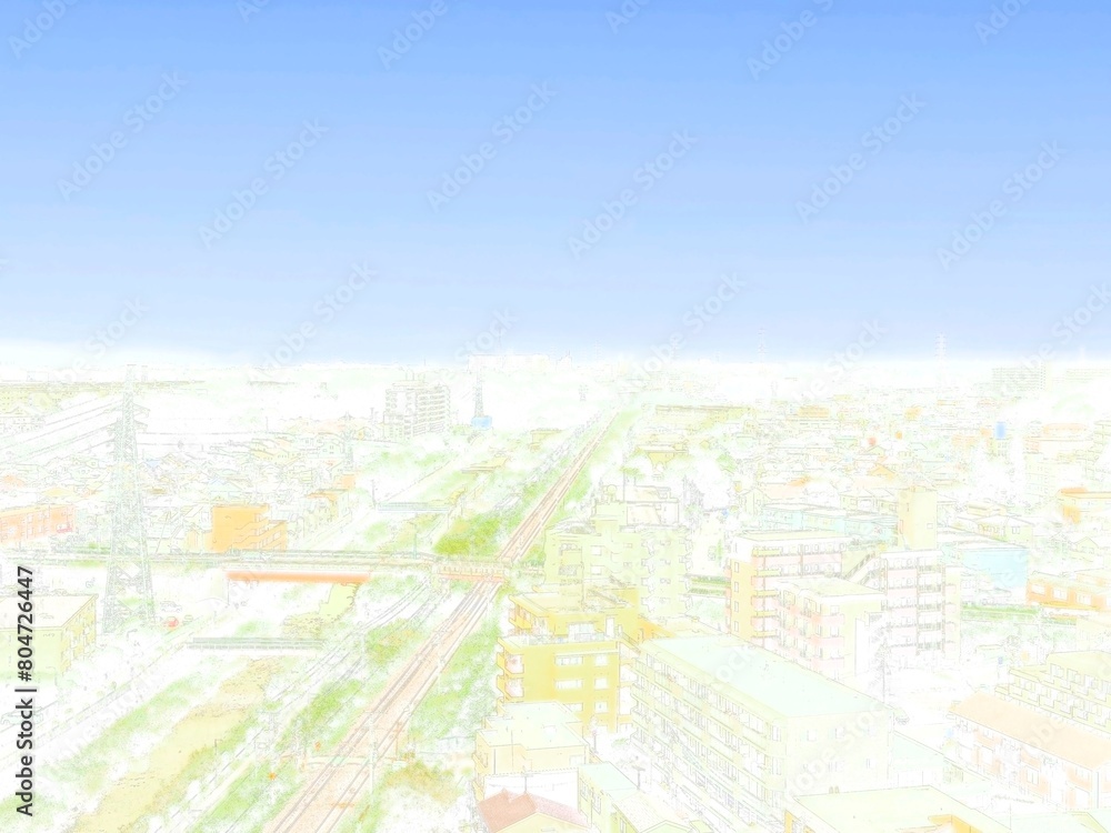 東京の街並み。俯瞰風景。イラスト風の写真。シティポップ調。