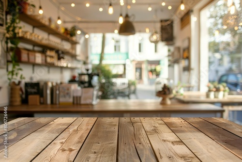 Wood table background  Shelf at cafe shop  Perspective wood over blur cafe with bokeh light background  Table for product display  Empty wooden counter in blur white room for mockup - generative ai