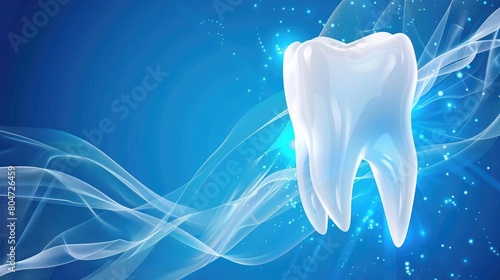 White tooth with swirling light effects creating an aura of cleanliness and health, set against a blue background
