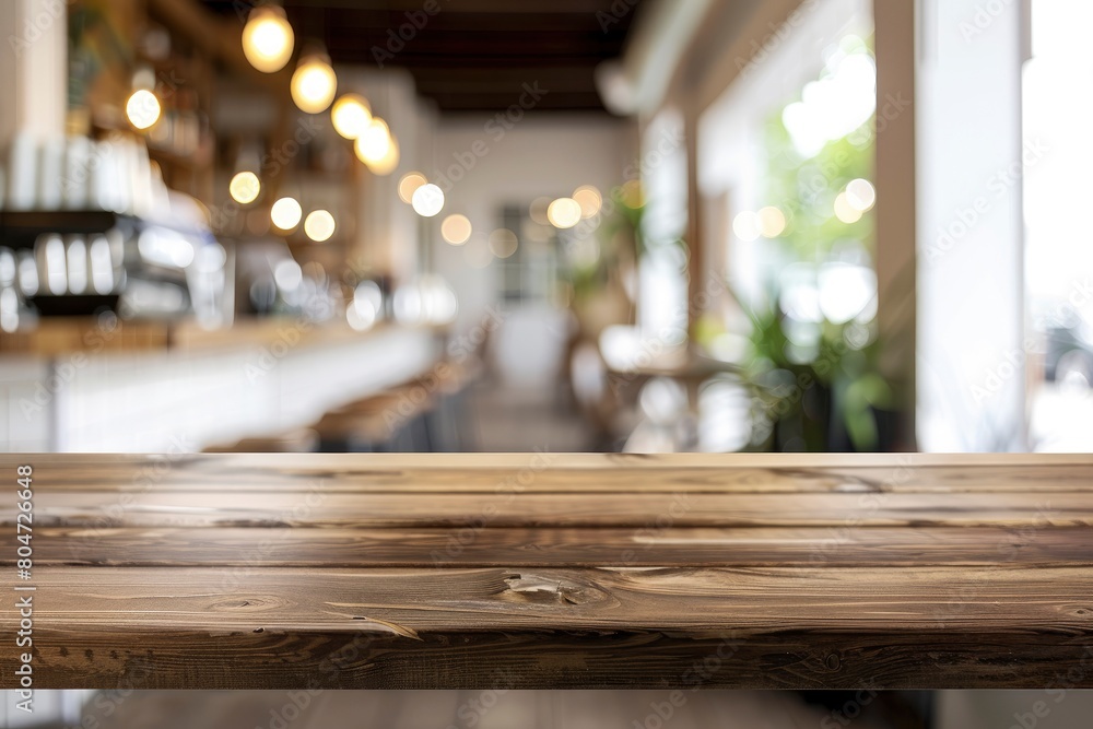Wood table background, Shelf at cafe shop, Perspective wood over blur cafe with bokeh light background, Table for product display, Empty wooden counter in blur white room for mockup - generative ai