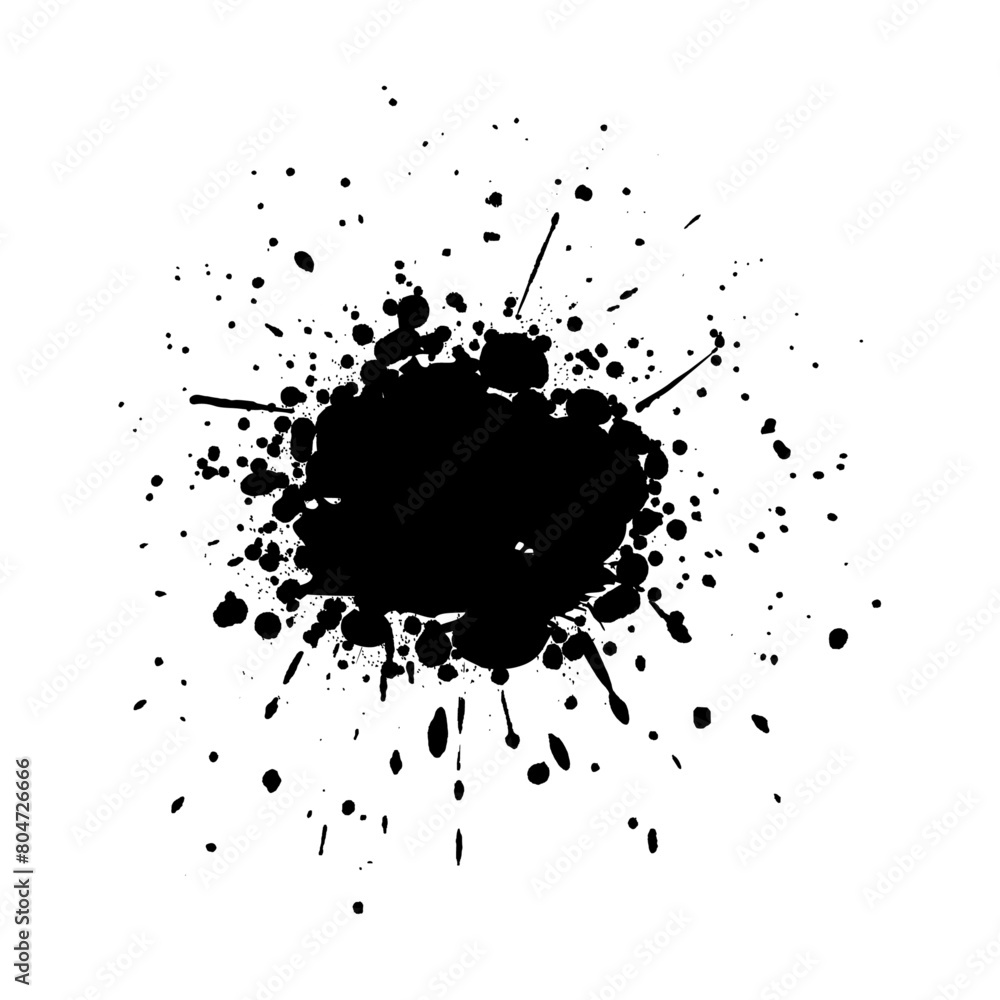 Black paint stain isolated on white paper background with drops and dots around - vector illustration with natural textures and details - paint naturally splashed around one big black point in the cen Black paint stain isolated on white paper background with drops and dots around - vector illustration with natural textures and details - paint naturally splashed around one big black point in the cen