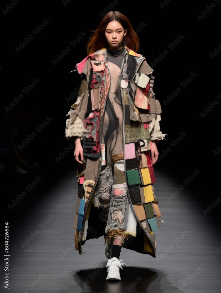 Woman Strutting in Long Coat on Runway Woman Strutting in Long Coat on Runway