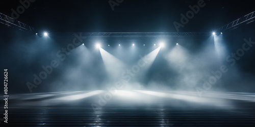 A large stage for the concert with illuminated many lights.