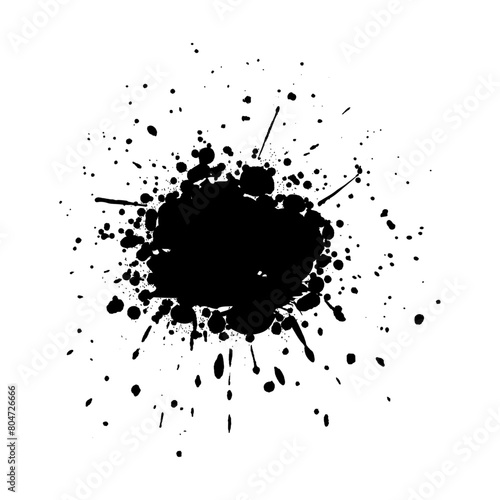 Black paint stain isolated on white paper background with drops and dots around - vector illustration with natural textures and details - paint naturally splashed around one big black point in the cen photo