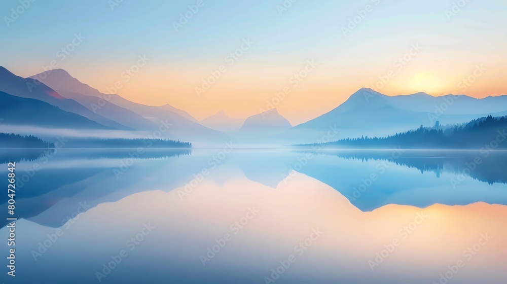 Serene lakeside at sunrise, minimalist landscape capturing peaceful solitude