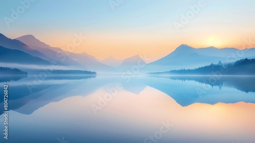 Serene lakeside at sunrise  minimalist landscape capturing peaceful solitude