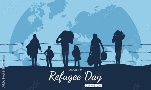 World Refugee Day.Horizontal banner with silhouettes of refugees.Vector illustration. photo