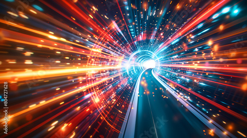 The image is vibrant, with red, orange, and blue hues dominating the scene. It appears to represent digital data or information traveling at high speed through a tunnel or pathway