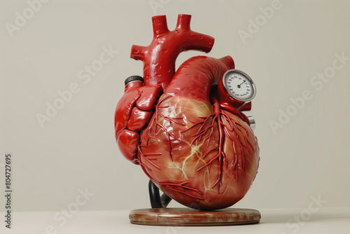 Anatomical Heart Model Displaying High Blood Pressure With Attached Sphygmomanometer