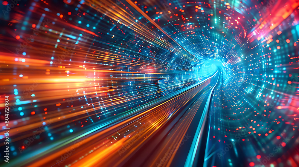 The image is vibrant, with red, orange, and blue hues dominating the scene. It appears to represent digital data or information traveling at high speed through a tunnel or pathway The image is vibrant, with red, orange, and blue hues dominating the scene. It appears to represent digital data or information traveling at high speed through a tunnel or pathway