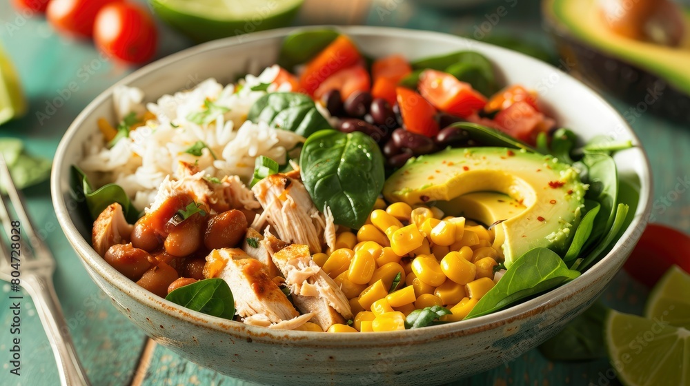 Indulge in a delightful homemade Mexican chicken burrito bowl packed with rice beans corn tomato creamy avocado and fresh spinach a flavorful taco salad lunch bowl awaits Indulge in a delightful homemade Mexican chicken burrito bowl packed with rice beans corn tomato creamy avocado and fresh spinach a flavorful taco salad lunch bowl awaits
