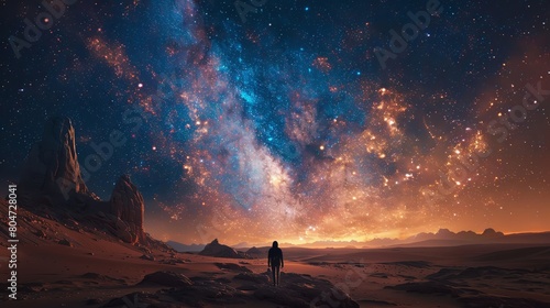 Starry night sky over a tranquil desert, vast universe reminding of our place in the cosmos photo