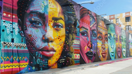 Street art tour in a vibrant neighborhood, murals telling stories of culture and resistance