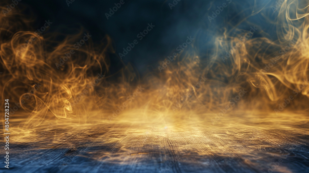 Rich gold smoke abstract background curls above a dark indigo floor, luxurious and deep.