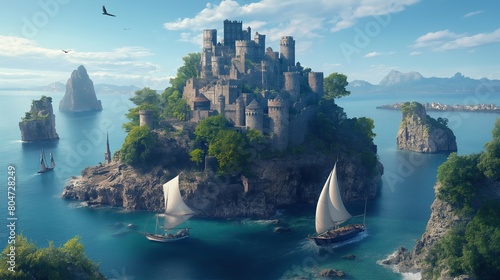 An ancient castle in the thickets of a forest on a rocky island in the middle of the ocean. photo
